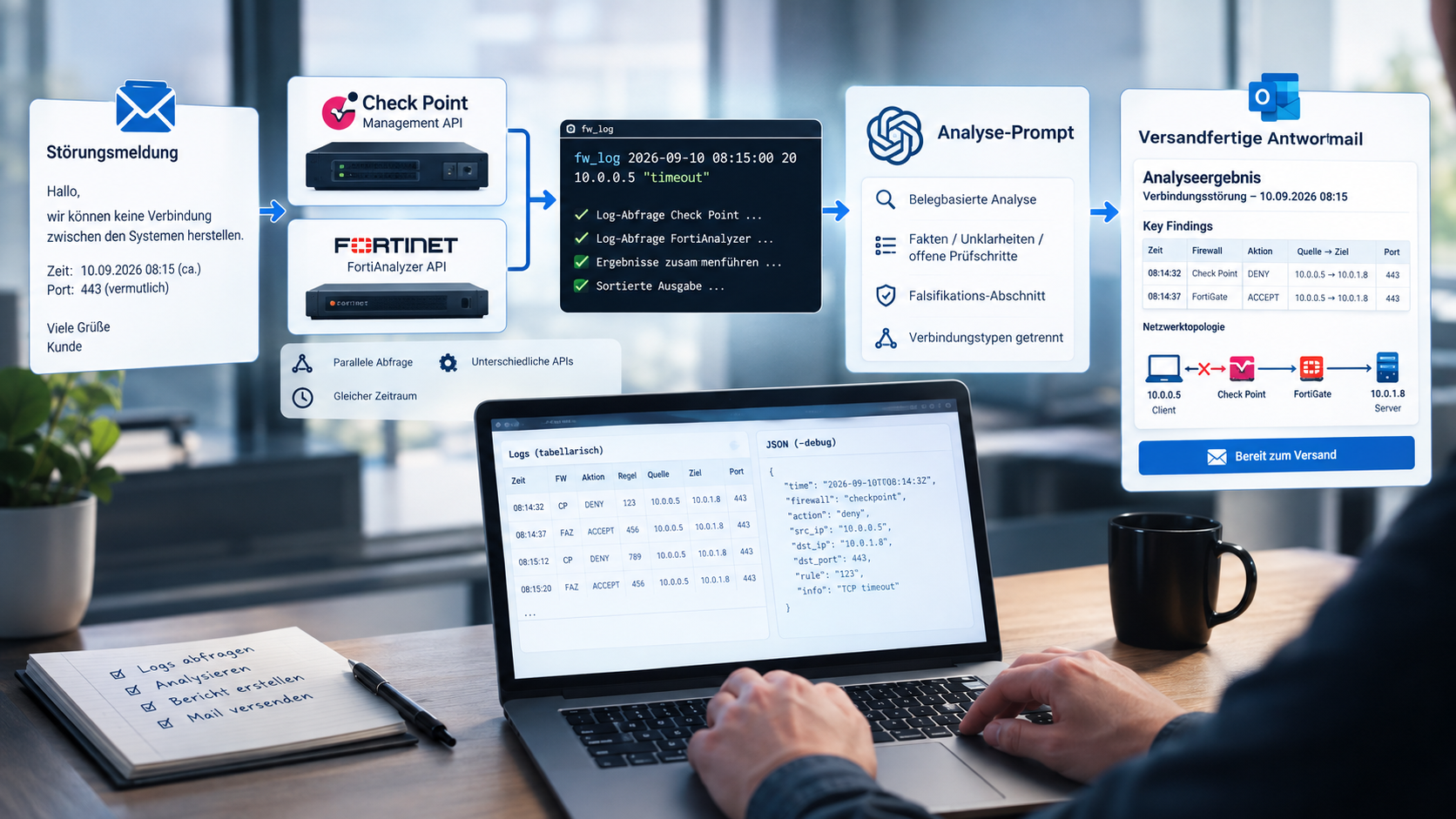 Parallele Firewall-Logabfrage mit KI-gestützter Ursachenanalyse